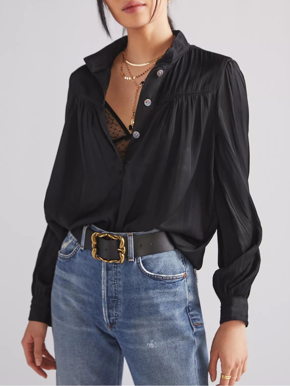 Anthropologie Black V-Neck Gathered Long-Sleeve Relaxed Henley Blouse L